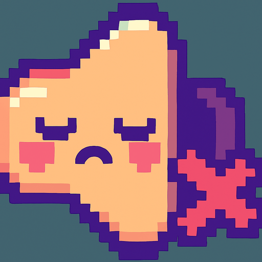 A small and cute pixel art icon representing sound off, designed for a 2D game UI. The icon shows the same round speaker, but now with a sad or sleepy face and a small red X or mute symbol on it. The sound waves are gone or faded out. The color palette is still colorful, using soft reds and purples. The style is playful, chibi, and pixel art, fitting a cute arcade game interface.