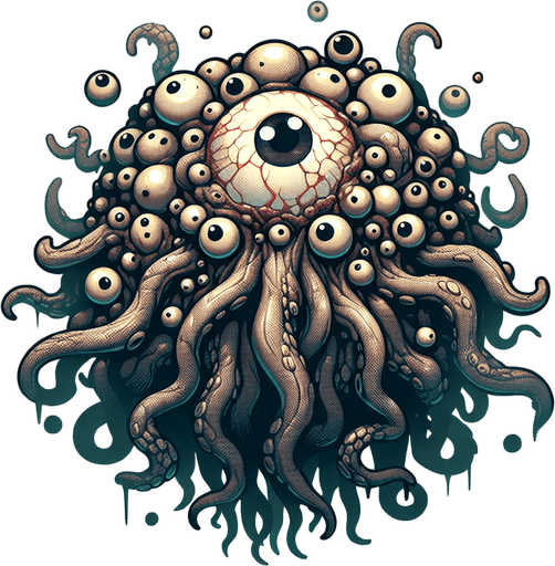 Lovecraftian monster, eyeballs, tentacles, floating
Single Game Texture. In-Game asset. 2d. Blank background. High contrast. No shadows.