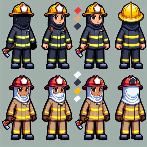 A cartoon firefighter.
Single Game Texture.  In-Game asset.  2d.  High contrast.  No shadows