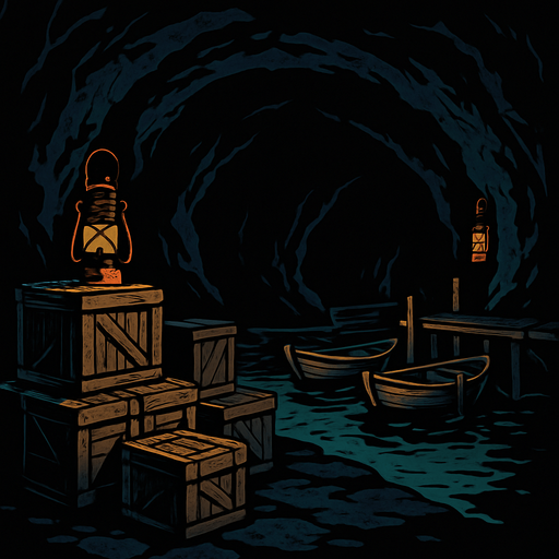 A dark sea cave used by smugglers, crates stacked on wet stone, rusty lanterns casting weak light, small boats tied to hidden docks.
In-Game asset.  2d.  High contrast.  No shadows
