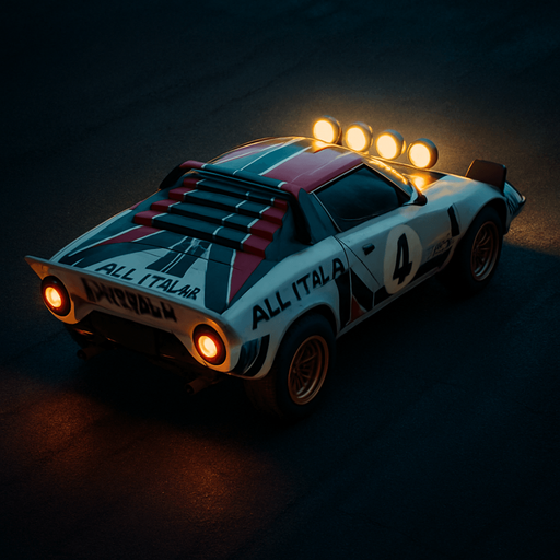 Photorealistic Lancia Stratos Rallycar in nightlight, drone topview from back and 45 degrees angle in top right corner. Replace Lancia to Lacika and Alitalia to All Italia