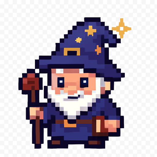 El mago debe ser un personaje pequeño y encantador, con una túnica azul oscuro o morada, un sombrero puntiagudo con estrellas o una hebilla dorada, barba blanca corta y ojos brillantes que transmitan sabiduría y simpatía; su cuerpo debe ser compacto y redondeado, estilo caricatura o pixel art, con detalles sencillos pero reconocibles como un bastón en la mano o un libro colgando; puede tener una animación sutil como parpadeo, movimiento de barba o chispa mágica en la punta del sombrero, y el fondo debe ser transparente para integrarse bien en un entorno colorido y fantástico.
In-Game asset.  2d.  High contrast.  No shadows