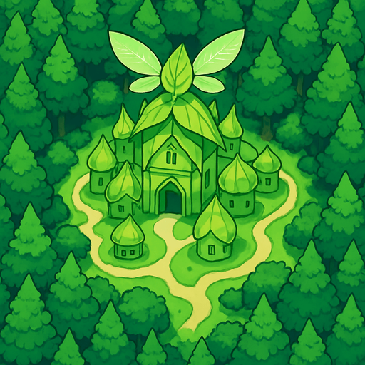 image top down hutan pinus luas yang ditengahnya terdapat kerajaan peri daun. 2d anime.
In-Game asset.  2d.  High contrast.  No shadows