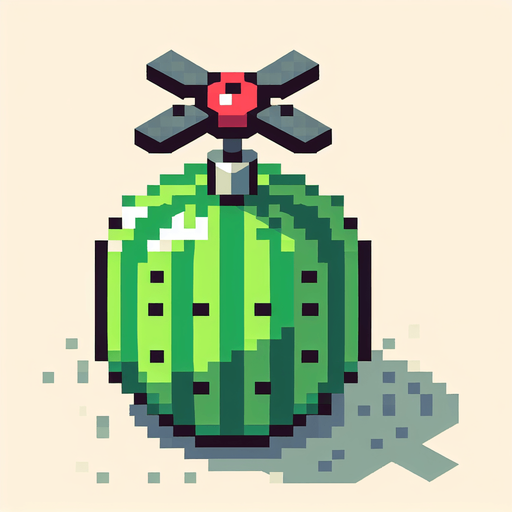 8-bit pixelated isometric cute watermelon with a rotor above.
Single Game Texture. In-Game asset. 2d. Blank background. High contrast. No shadows.