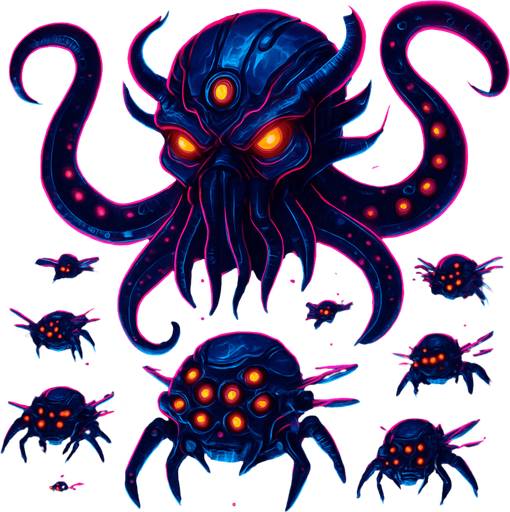 Cutout, swarm, neon cyberpunk glow horror corporate murder squid flying robot monsters