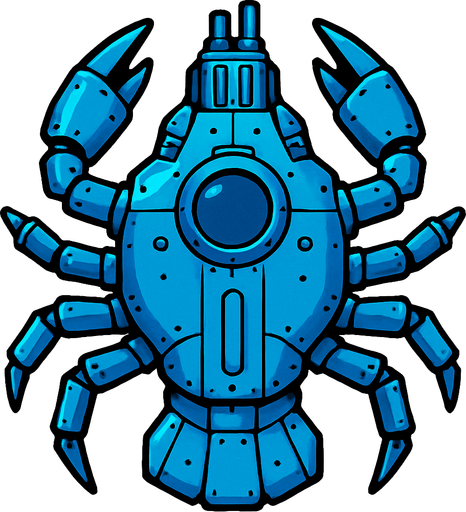 vertical top down blue king crab scifi submarine.
In-Game asset.  2d.  High contrast.  No shadows
