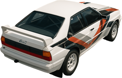 Photorealistic white audi b2 quattro RALLYCAR with red,grey,black stripes livery, drone topview from back. Angle should be 45 degrees in the top right corner of the screen.
