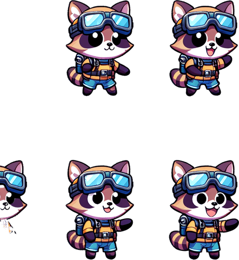 A spritesheet with a number of poses of a cartoonish raccon cub in scuba gear, smiling, walking, waiting, standing, ordering, turning, etc. all seen from the side.The spritesheet should be laid out in a rectangular grid with clear space between each individual sprite. Each sprite in the sheet should be around 300x600 pixels in size..
Single Game Texture. In-Game asset. 2d. Blank background. High contrast. No shadows.