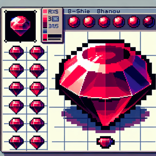 sprite sheet of a rotating vibrant shiny red blood ruby. the jewels should be neatly organized. pixelated. 8-bit.
Single Game Texture. In-Game asset. 2d. Blank background. High contrast. No shadows.
