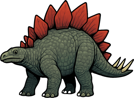 A large Stegosaurus dinosaur with a bulky body covered in grayish-green rough scaly skin. Its back is lined with two rows of large, reddish plates that gradually taper toward the tail. The tail ends with four long, sharp spikes (thagomizer) for defense. The small head has a beaked mouth and gentle eyes. The skin shows detailed scales and subtle wrinkles, giving it a lifelike prehistoric look..
In-Game asset.  2d.  High contrast.  No shadows
