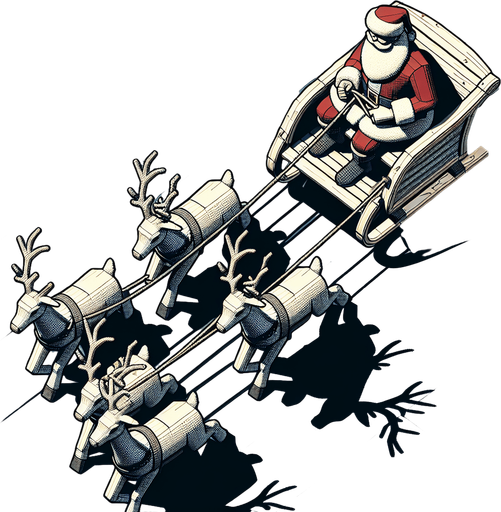 Santa on sleigh pulled by reindeer blank background no shadows flying forward away straight top down Single Game Texture. In-Game asset. 2d. Blank background. High contrast. No shadows.