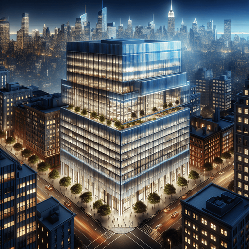 Photorealistic office house at New york night from front view.
