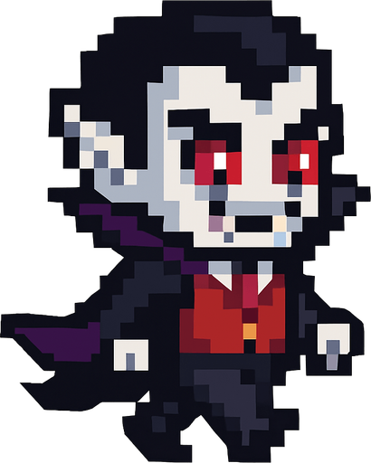 El vampiro debe ser un personaje pequeño y estilizado en estilo pixel art, con piel pálida o gris clara, ojos rojos o morados brillantes, colmillos visibles en una leve sonrisa y una capa negra o púrpura que se mueva ligeramente al caminar; debe llevar un traje elegante con chaleco rojo, camisa blanca y pantalones oscuros, y tener el clásico peinado de viuda con cabello negro bien marcado; su expresión puede ser confiada o misteriosa, y la animación puede incluir un leve flote o agitación de la capa; todo debe ser caricaturesco y simpático, sin parecer aterrador, con fondo transparente para integrarse en un juego casual o fantástico..
In-Game asset.  2d.  High contrast.  No shadows
