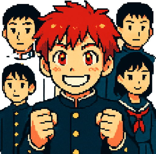 A cute 15-year-old red-haired boy with red eyes, wearing a traditional Japanese school uniform (gakuran). He has a big closed-mouth smile, shining eyes, and clenched fists held forward, as if encouraging himself. Behind him, other Japanese students can be seen. The scene is illustrated in Pixel Art style..
In-Game asset.  2d.  High contrast.  No shadows