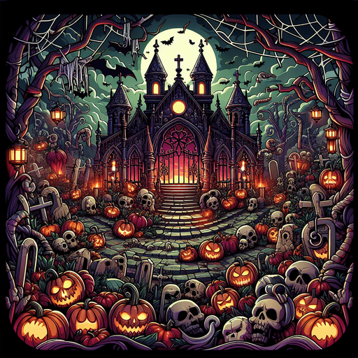 Generate a high quality cartoon background Halloween image on a black canvas similar to the format of where is waldo with a hellish environment.
Single Game Texture. In-Game asset. 2d. Blank background. High contrast. No shadows.