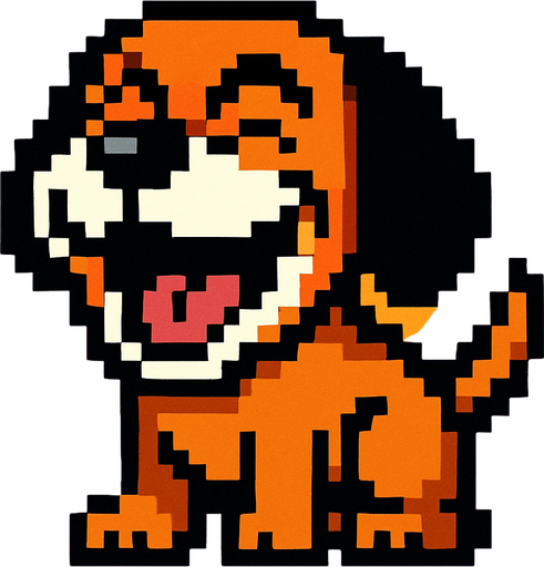 pixart brown hunting dog with black ears and white mouth laughing.
In-Game asset.  2d.  High contrast.  No shadows