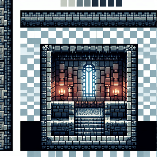 Dungeon pixelado.
Single Game Texture.  In-Game asset.  2d.  Blank background.  High contrast.  No shadows