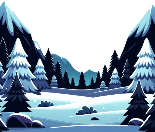 Mountain valley with snowy trees. Scenic view. Nighttime. Cartoon. Black background. New moon
Single Game Texture. In-Game asset. 2d. Blank background. High contrast. No shadows.