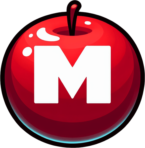 white " (M" on a red apple.
Single Game Texture. In-Game asset. 2d. Blank background. High contrast. No shadows.