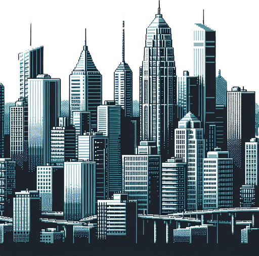 An 8-bit city skyline with towers.
Single Game Texture. In-Game asset. 2d. Blank background. High contrast. No shadows.
