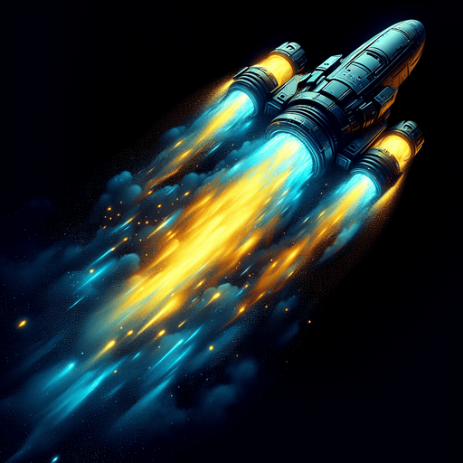 Game texture, Single Spaceship Engine exhaust light particle, yellow blue fire. Black background.