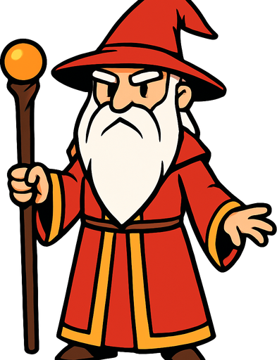 a wizard with a red dress, a hat, a long white beard and his whole body.
In-Game asset.  2d.  High contrast.  No shadows
