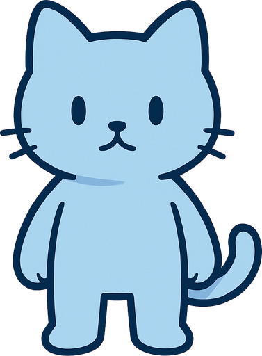 A simple blue cartoon cat standing upright, no accessories or effects, clean and minimal style, no musical notes or particles, not too stylish, designed as the main character for a rhythm game with a cold, minimal theme, light outlines and smooth shading, no background.
In-Game asset.  2d.  High contrast.  No shadows
