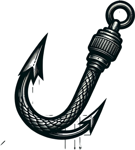 Fishing hook.
Single Game Texture.  In-Game asset.  2d.  Blank background.  High contrast.  No shadows