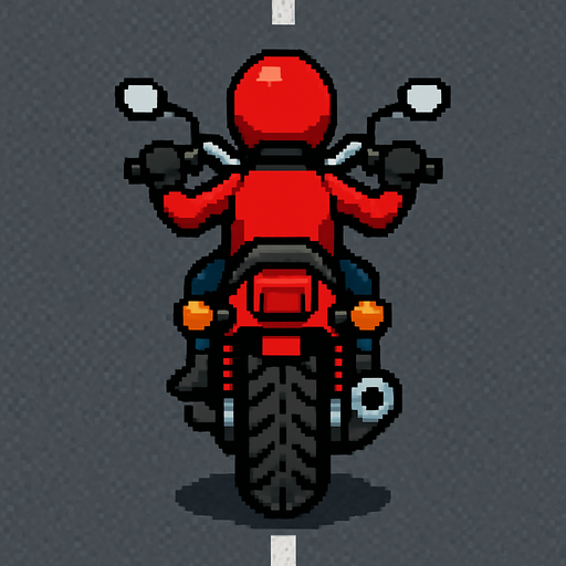 Create a 2D motorcycle sprite viewed from behind, positioned to ride on the road..
In-Game asset.  2d.  High contrast.  No shadows