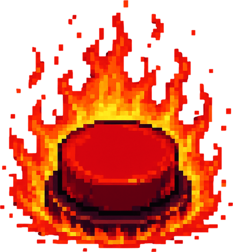 700x700(total size) black red button (like hell fire around and into button) (cute pixel art). no writing
No shadows