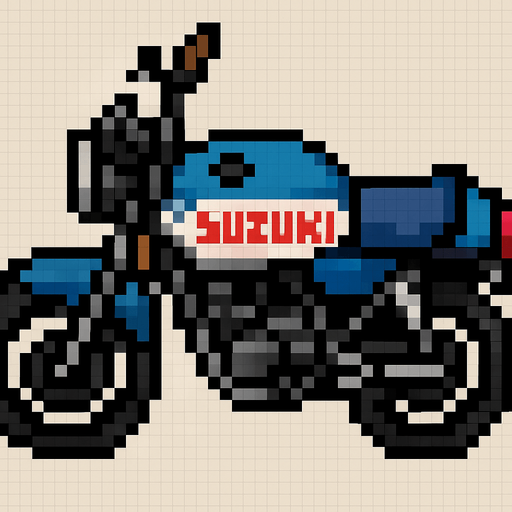 bird's eye pixel art motorcycle suzuki.
In-Game asset.  2d.  High contrast.  No shadows