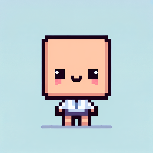 A minimalist simple pixel art cute character with a large head. 8 bit, front facing, kawaii, no shadow.
Single Game Texture. In-Game asset. 2d. Blank background. High contrast. No shadows.