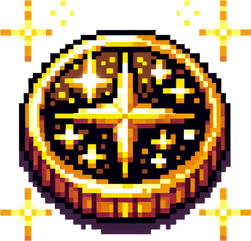 Золотая монетка.
Single Game Texture.  In-Game asset.  2d.  Blank background.  High contrast.  No shadows. pixel art