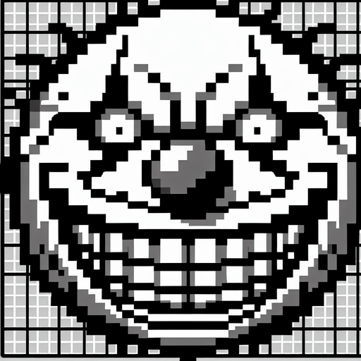 Grinning creepy ball shaped clown face.
Single Game Texture. In-Game asset. 2d. Blank background. High contrast. No shadows. 8 bit
