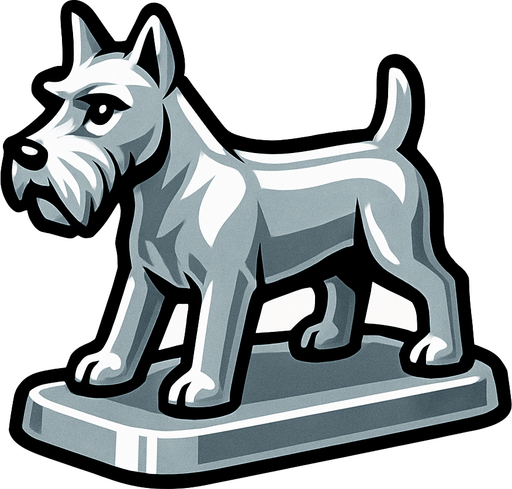 Köpek şeklinde gümüş monopoly piyonu yap.
In-Game asset.  2d.  High contrast.  No shadows