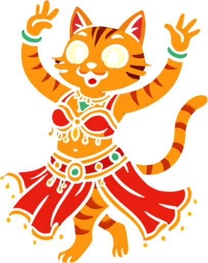 dansöz kıyafetli ayakta duran elleri havada dans eden bir kedi.
In-Game asset.  2d.  High contrast.  No shadows