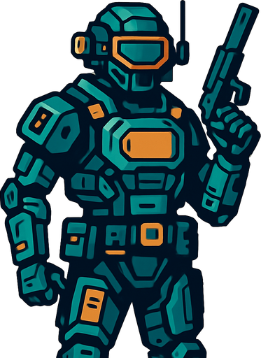 technological soldier.
In-Game asset.  2d.  High contrast.  No shadows