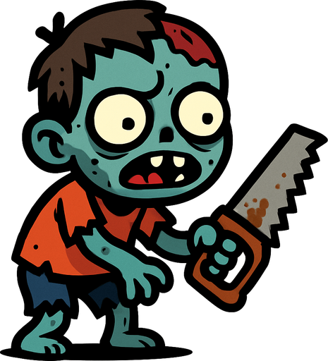 2D. Child (small) zombie. He has a small saw in his hand..
In-Game asset.  2d.  High contrast.  No shadows