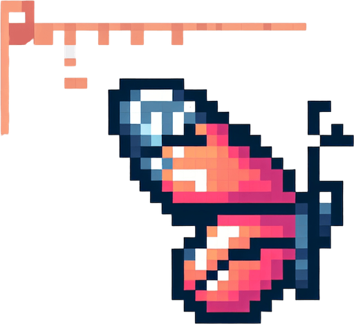 pixel butterfly looking left, showing the left profile.
Single Game Texture. In-Game asset. 2d. Blank background. High contrast. No shadows.