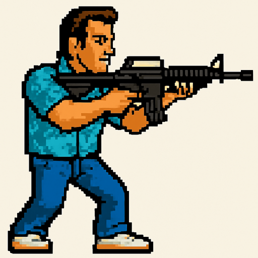 tommy vercetti de gta vice city hecho con pixeles apuntando con un rifle de asalto m4 con la perspcetiva lateral.
In-Game asset.  2d.  High contrast.  No shadows