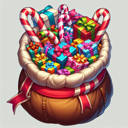 open top of Santa's sack. wrapped presents with ribbons and box, vivid colours, candy canes Single Game Texture. In-Game asset. 2d. Blank background. High contrast. No shadows.
