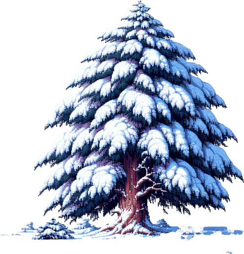pixel art of a large tree covered in snow.
Single Game Texture. In-Game asset. 2d. Blank background. High contrast. No shadows.