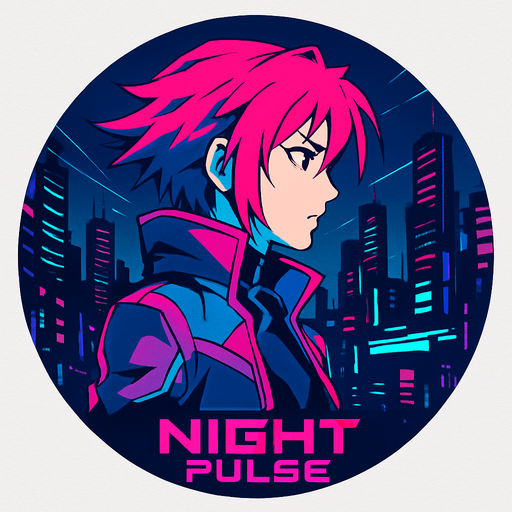 Round shape song cover of cyberpunk anime style with the themed “Night Pulse”.
In-Game asset.  2d.  High contrast.  No shadows
