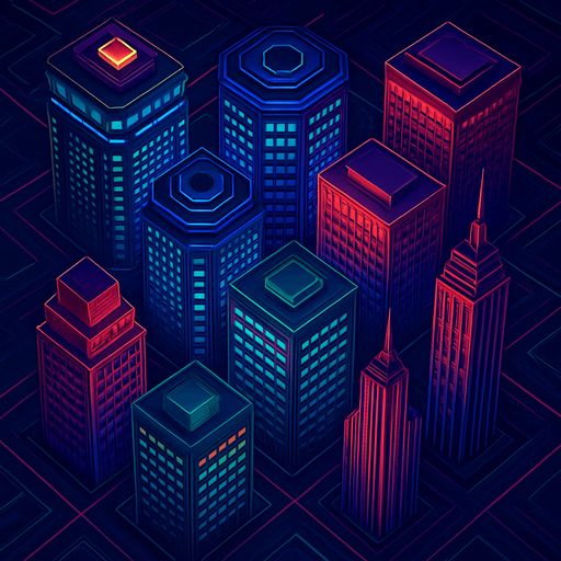 Pack top square of towers facing the screen to use it as a grid. future. seen from above. HD colors.