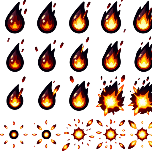 A sprite sheet of energy projectiles. Dark orange projectiles tear shaped with yellow energy core.
Single Game Texture. In-Game asset. 2d. Blank background. High contrast. No shadows.
