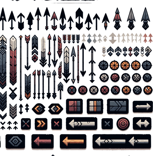 A spritesheet containing various interface elements for a viking themed game, including arrows in various colors pointing up. all in muted colors..
Single Game Texture. In-Game asset. 2d. Blank background. High contrast. No shadows.