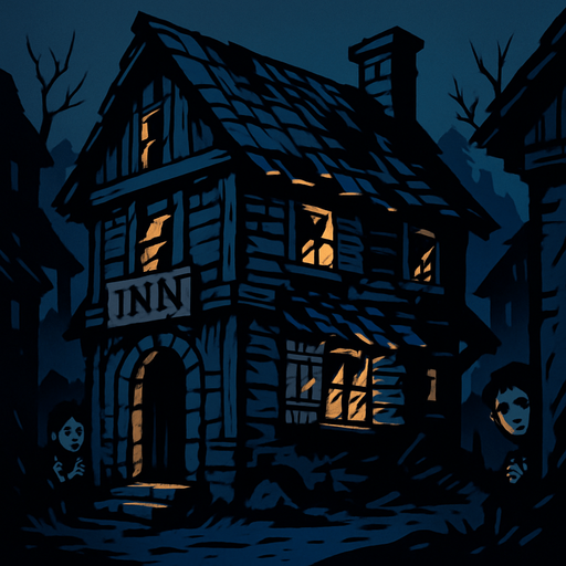 A rundown inn on the edge of a village, candlelight flickering through broken shutters, children peeking from dark corners, cold and lonely air.
In-Game asset.  2d.  High contrast.  No shadows