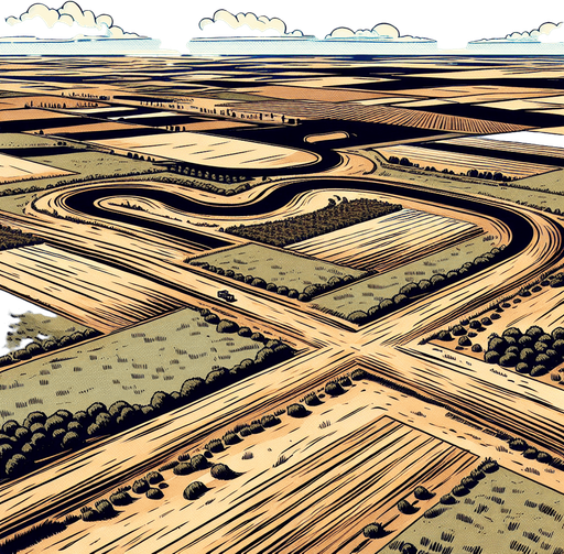 A plain in a comic style with a dirt road with 4 turn staring to top to the botom see from a top and 50 meter high view Single Game Texture. In-Game asset. 2d. Blank background. High contrast. No shadows.