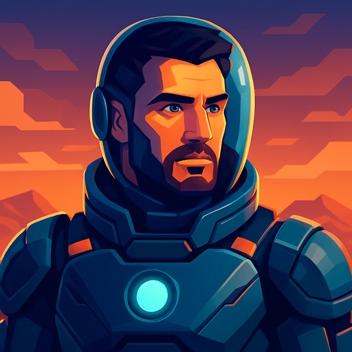 Front-facing icon, Fullscreen modern App Store art style with futuristic male colonist, 16:9, high definition.  No text captions!
