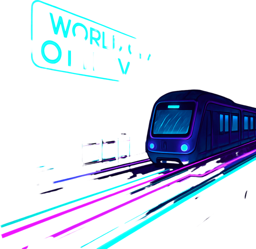 Generate an elevated monorail station at night, with neon rails and transparent glass platforms. Holographic signage over the tracks proclaims ‘World Chain Otterverse.’ Add animated train arrival indicators, rain streaks on glass, and distant skyscrapers—no characters or coins present..
In-Game asset.  2d.  High contrast.  No shadows